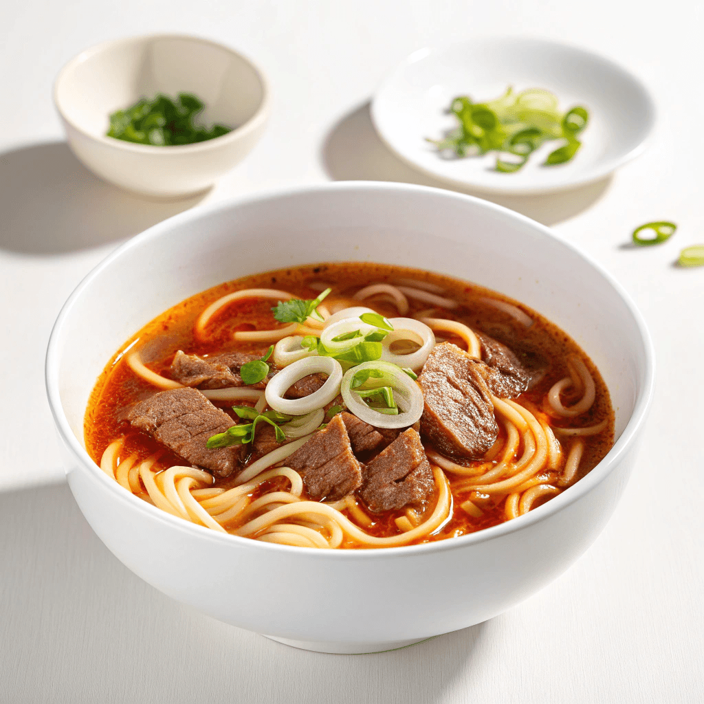 Minimal white bowl of spicy beef noodle soup with noodles and beef slices