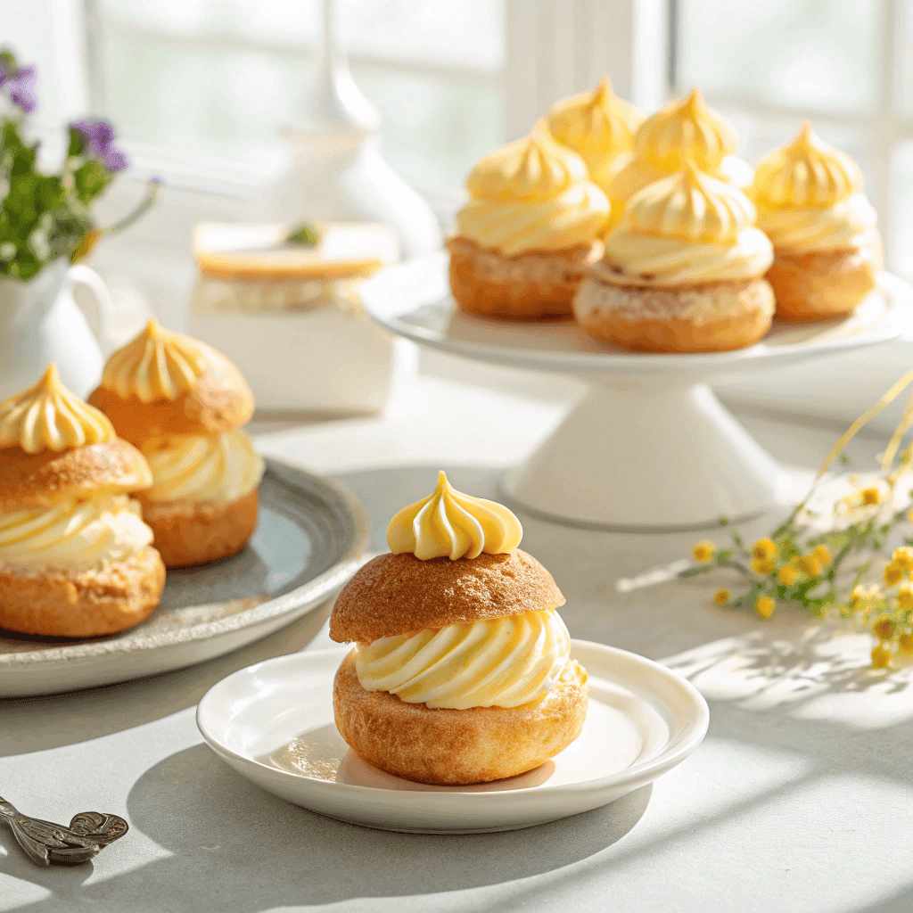 Macro close-up of lemon cream choux pastry showing glossy lemon curd, whipped cream, and piped topping.