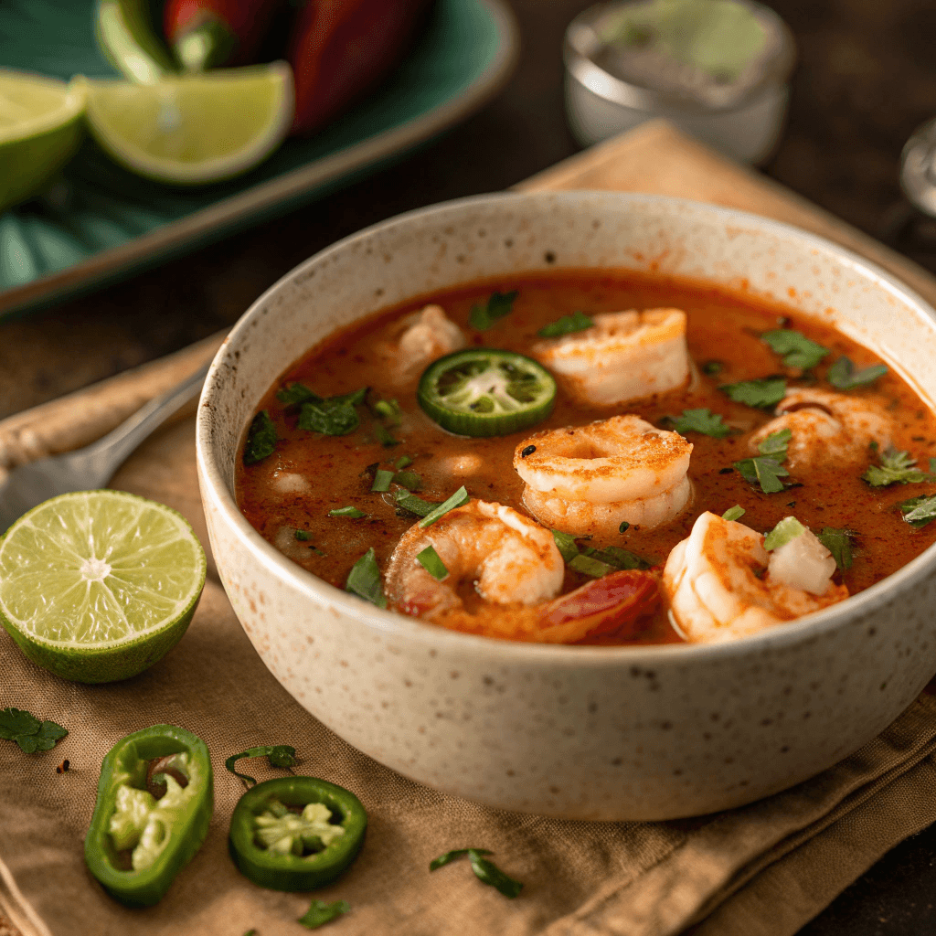 Best Spicy Shrimp Soup with Garlic, Lime & Jalapeño 2 Whole bowl of shrimp soup with jalapeños, cilantro and lime on the side