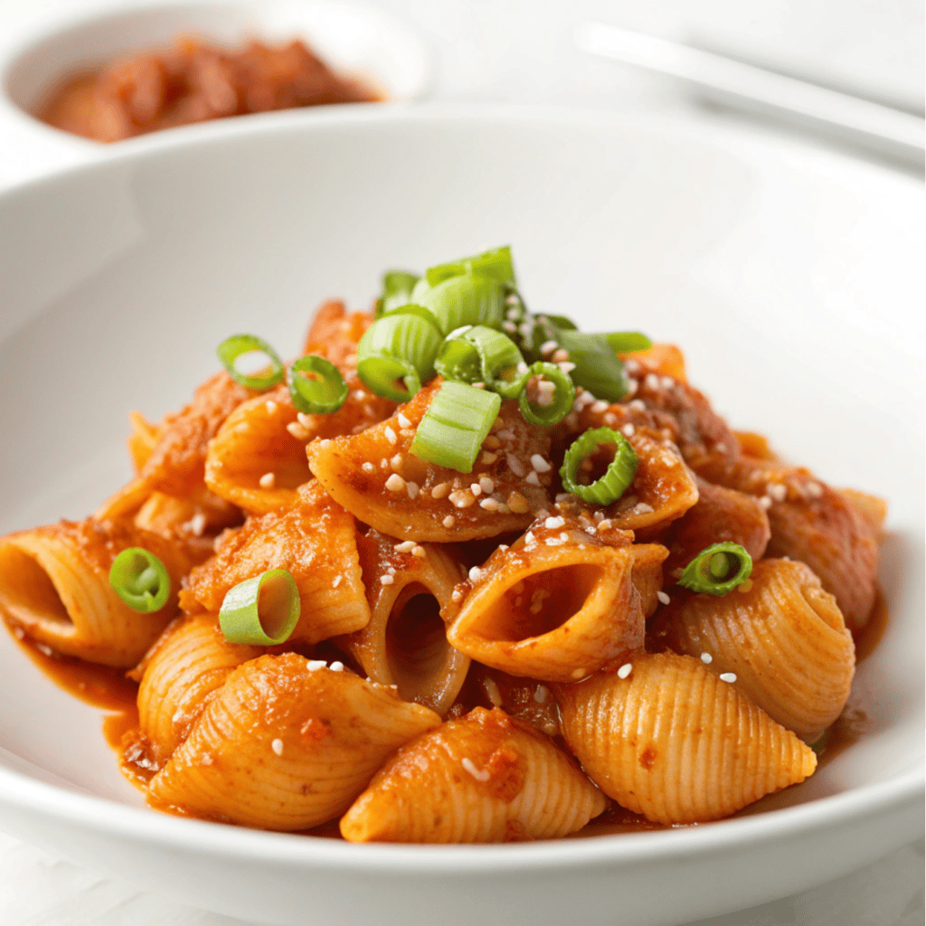 Gochujang pasta with sliced green onions served on a white plate.