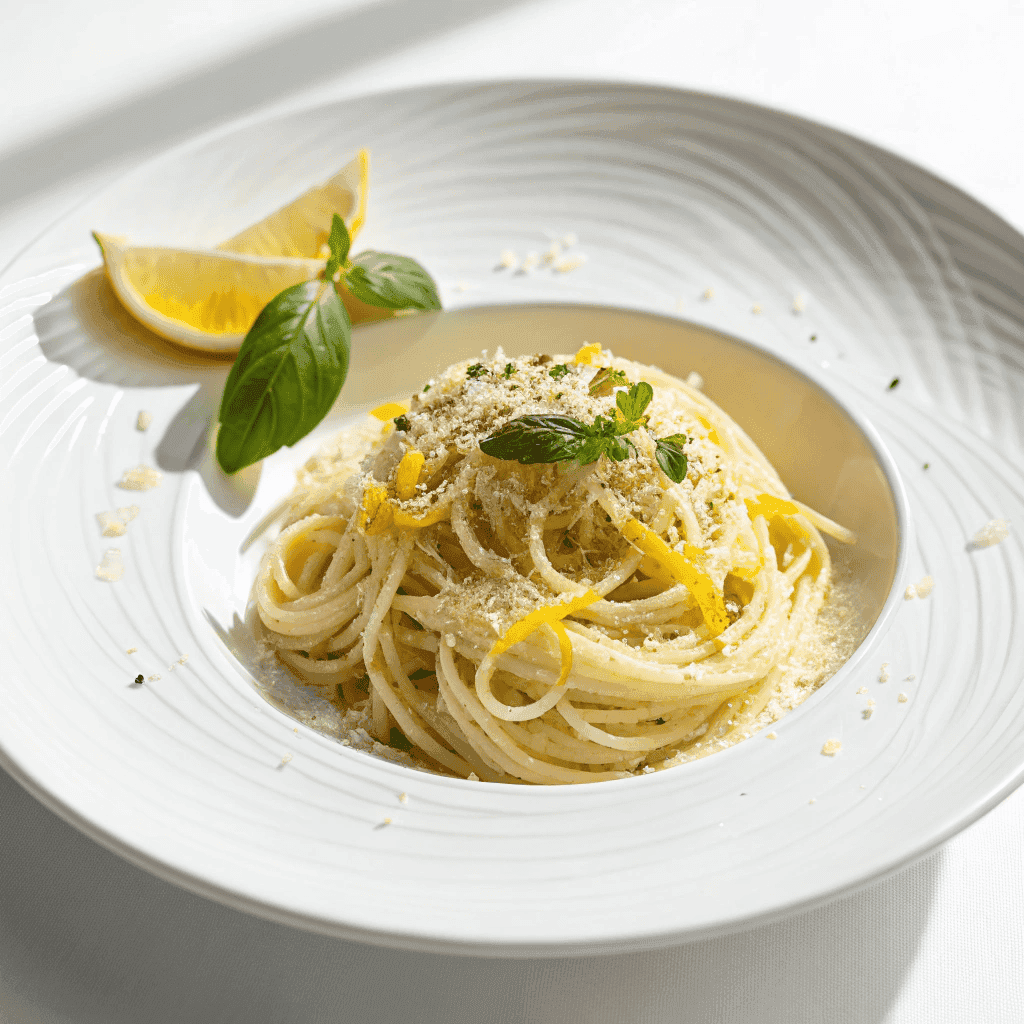 Lemon Ricotta Pasta Recipe – Fresh, Creamy & Easy Dinner 1 Creamy lemon ricotta rigatoni served on a clean white plate with basil garnish.