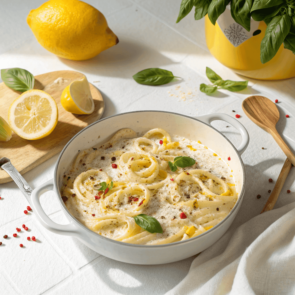 Lemon Ricotta Pasta Recipe – Fresh, Creamy & Easy Dinner 4 Hero image of creamy lemon ricotta rigatoni topped with basil and chili flakes in a white skillet.