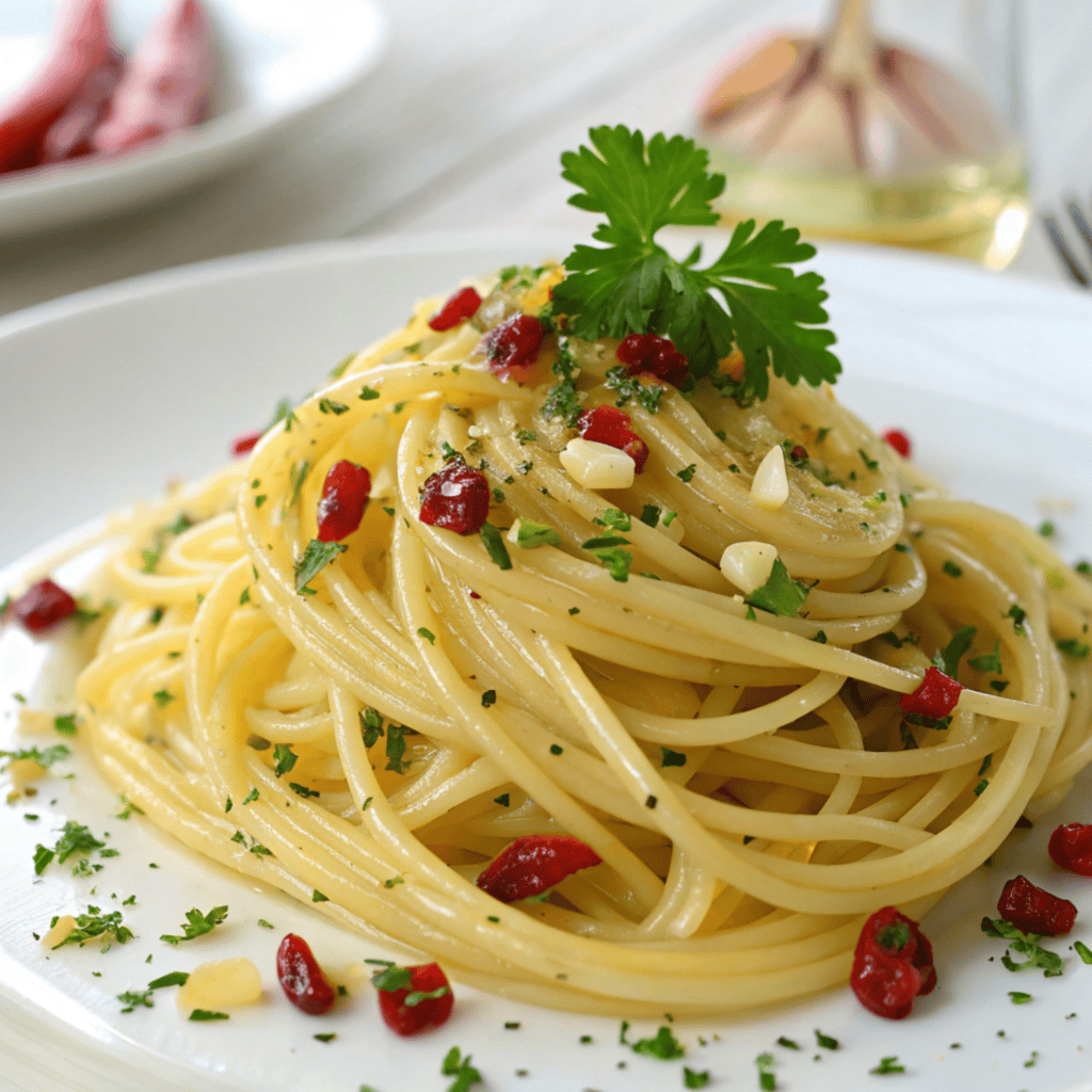 Pasta with Garlic Olive Oil Sauce – Classic Aglio e Olio Recipe 2 Garlic olive oil spaghetti on a plate showing glossy noodles, garlic, parsley, and pepper flakes.