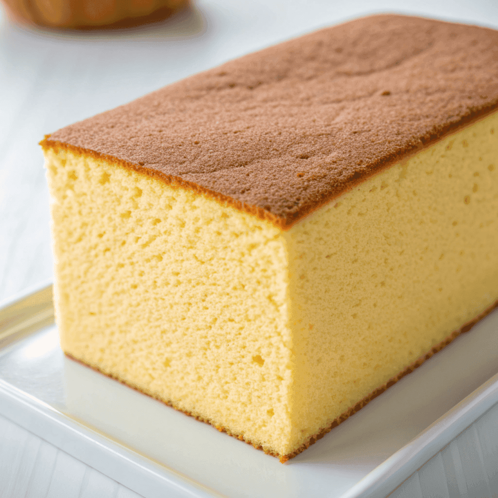 Fully baked Taiwanese castella cake with golden top and airy yellow interior.