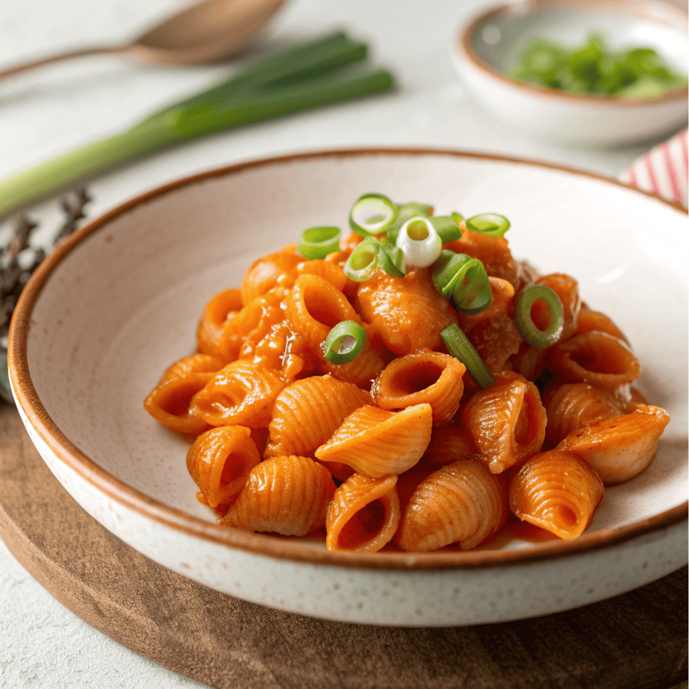 Hero shot of shell pasta coated in creamy orange-red gochujang sauce with sliced green onions.