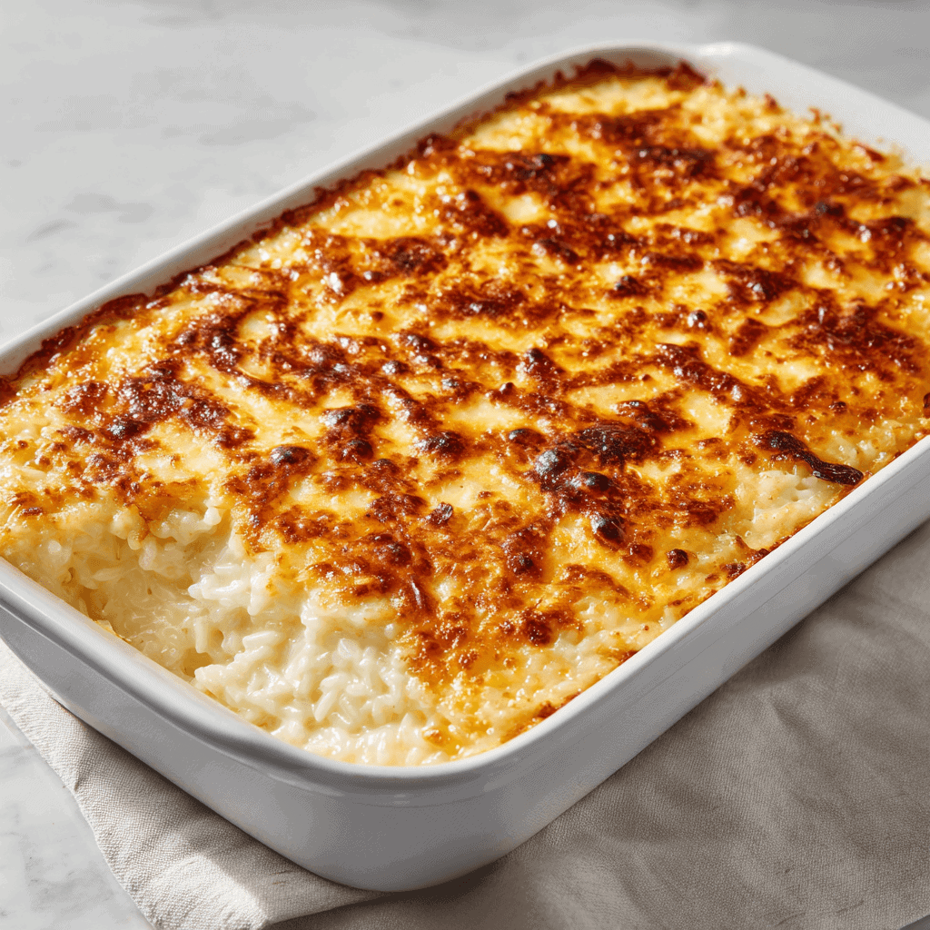 Best Milk Rice Pudding – Creamy Baked Comfort 2 baked rice pudding with condensed milk in dish on kitchen surface