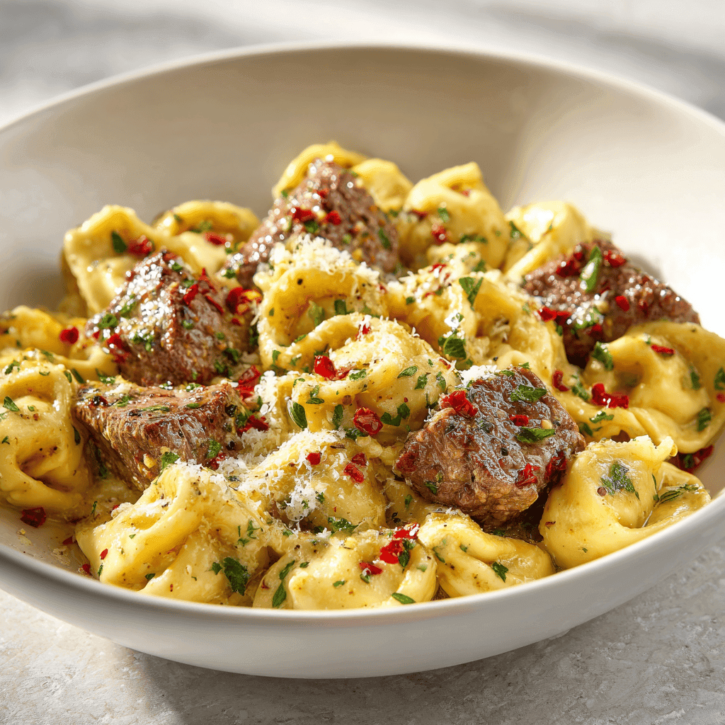 Cowboy butter tortellini with seared steak bites, herbs, cheese, and chili flakes in a white bowl.