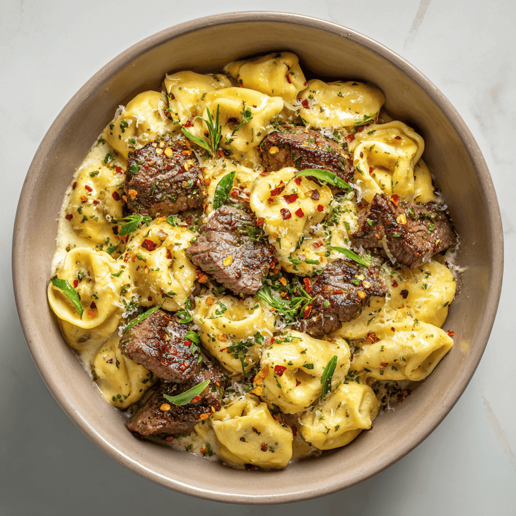 Cowboy butter tortellini and steak bites in a bowl showing sauce, herbs, and cheese.