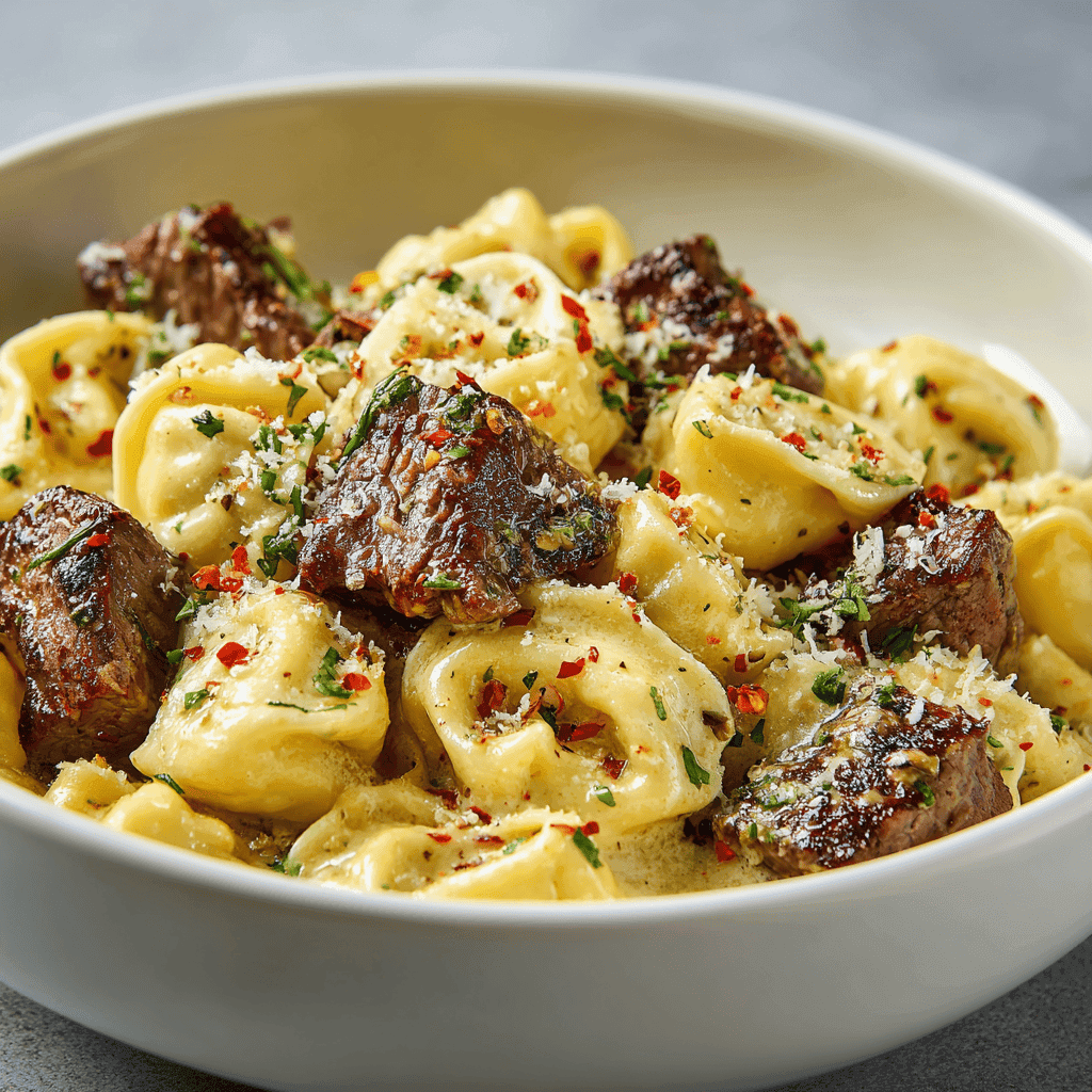 Top-view cowboy butter tortellini with steak bites, herbs, and cheese.