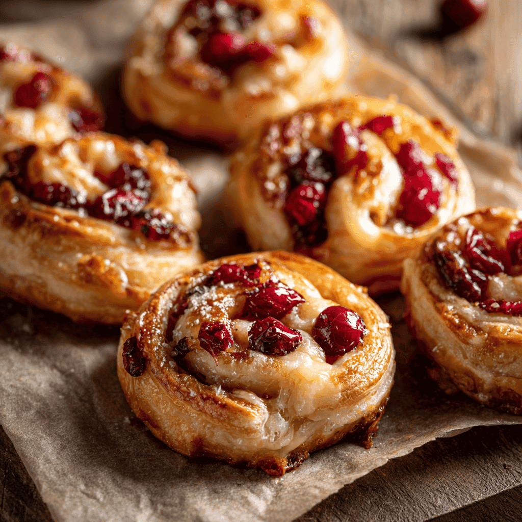 Cranberry Brie Cinnamon Puff Pastry Swirls (Festive & Flaky!) 4 Golden puff pastry swirls filled with brie, cranberries, and cinnamon sugar arranged on parchment.