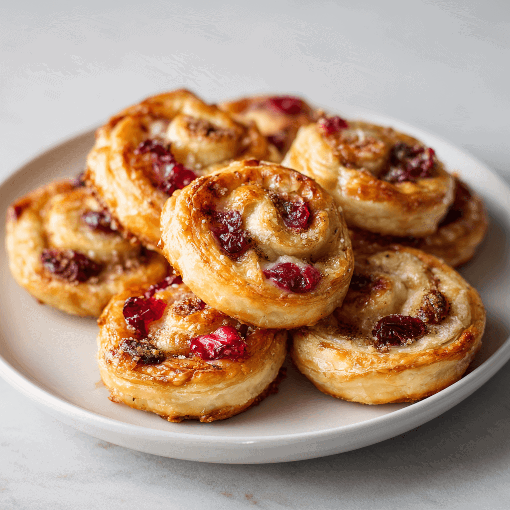 Cranberry Brie Cinnamon Puff Pastry Swirls (Festive & Flaky!) 2 Puff pastry swirls with brie, cranberries, and cinnamon sugar arranged on a white plate.