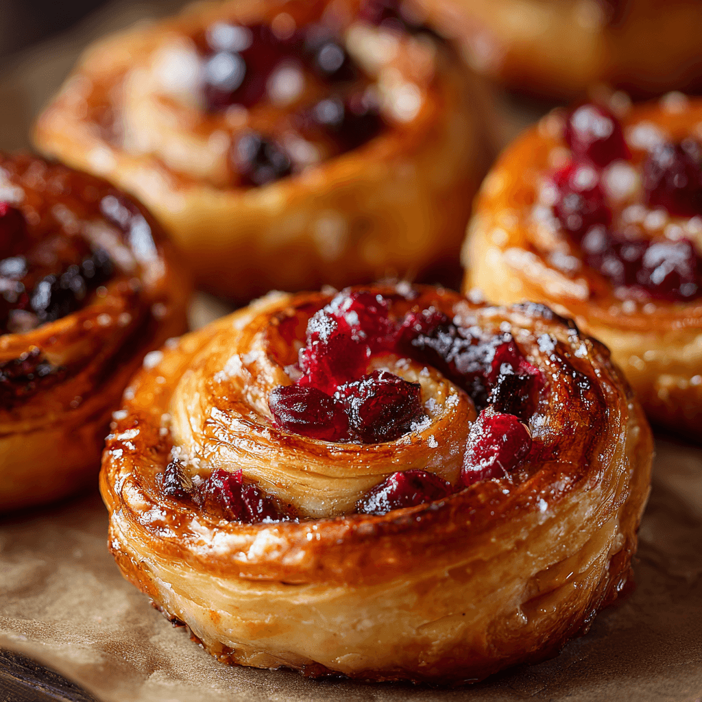 Cranberry Brie Cinnamon Puff Pastry Swirls (Festive & Flaky!) 3 Close-up of golden flaky puff pastry swirls filled with melted brie, cinnamon sugar, and cranberries.