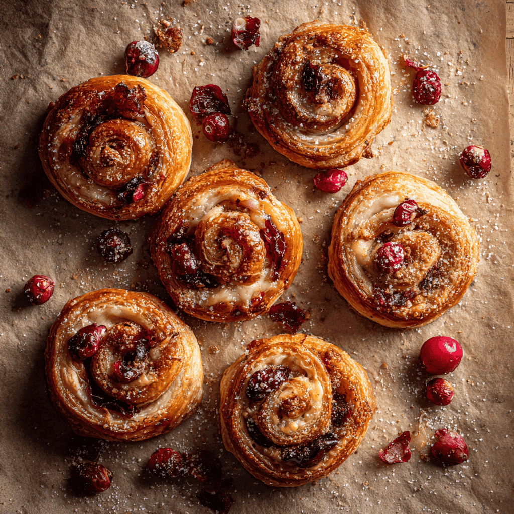 Cranberry Brie Cinnamon Puff Pastry Swirls (Festive & Flaky!) 1 Flaky puff pastry swirls with brie and cranberries shown in warm, cozy natural lighting.