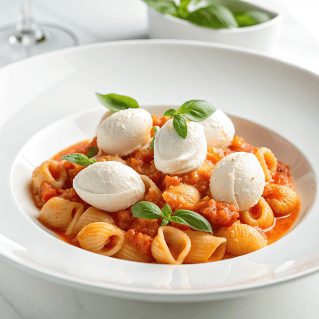 Pasta shells with creamy tomato sauce, burrata, and basil in a white bowl.