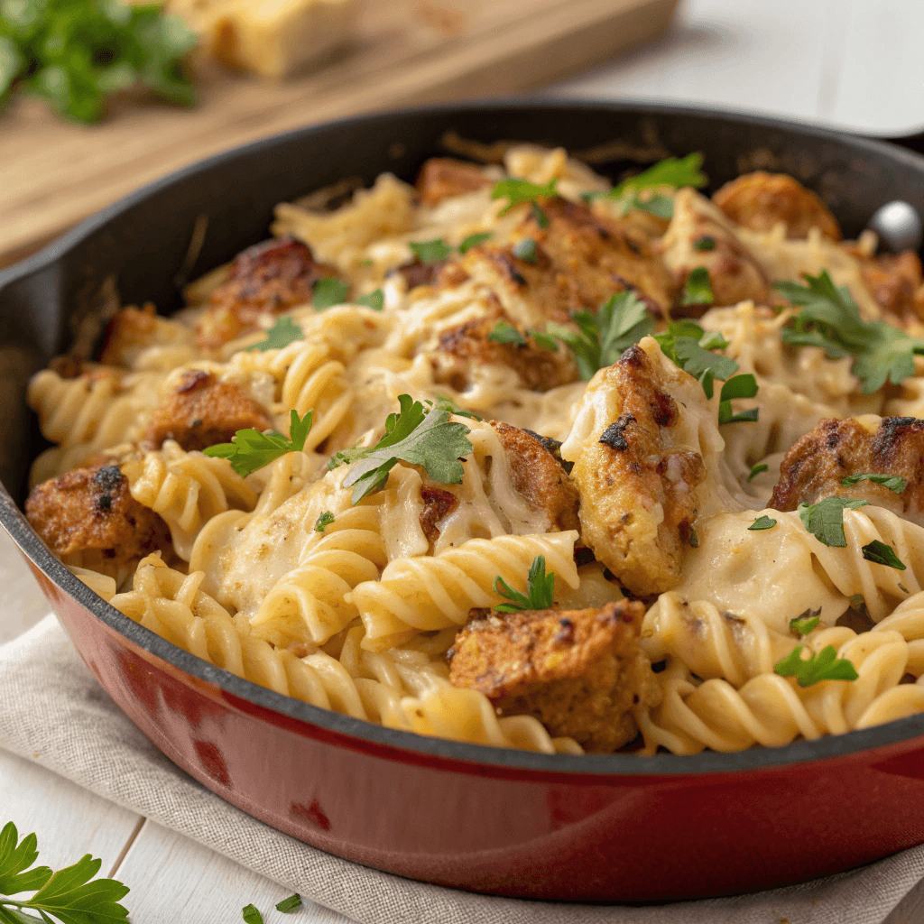 Cajun chicken rotini shown from a slight angle with melted cheese and parsley.