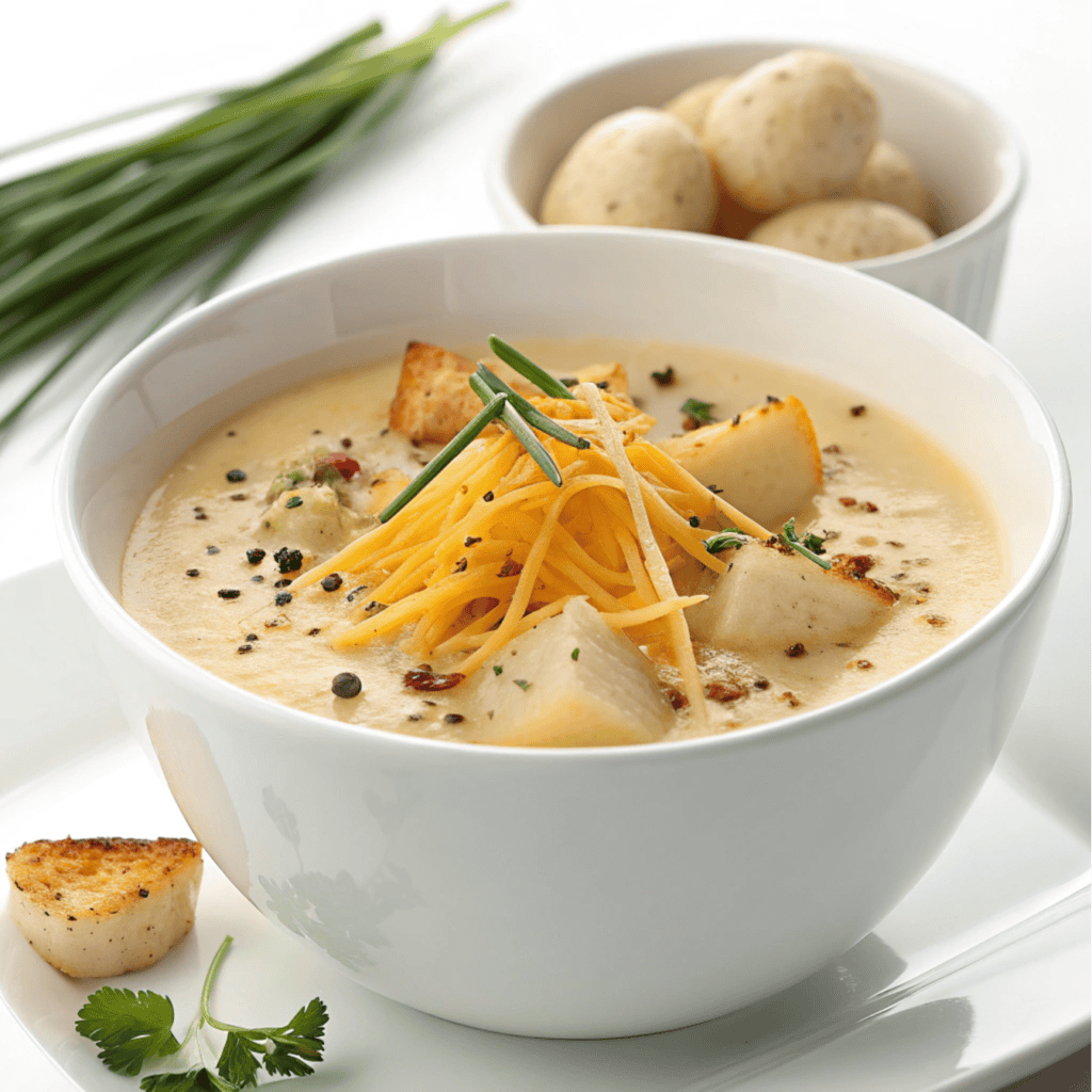 Creamy potato soup with cheddar, bacon, and chives served in a white bowl.