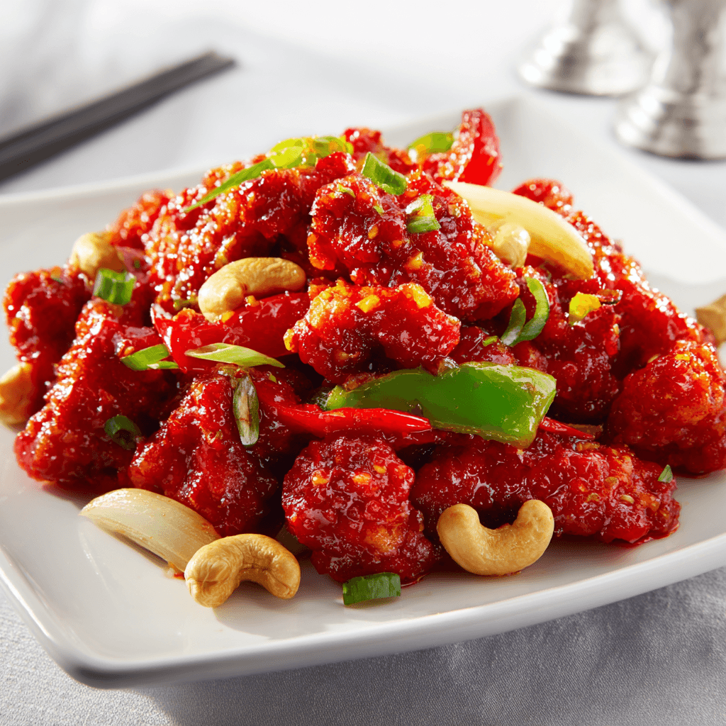Dragon Chicken Recipe – Crispy, Spicy and Loaded with Flavor 4 Dragon chicken with red spicy sauce, peppers, and cashews served on a white plate.