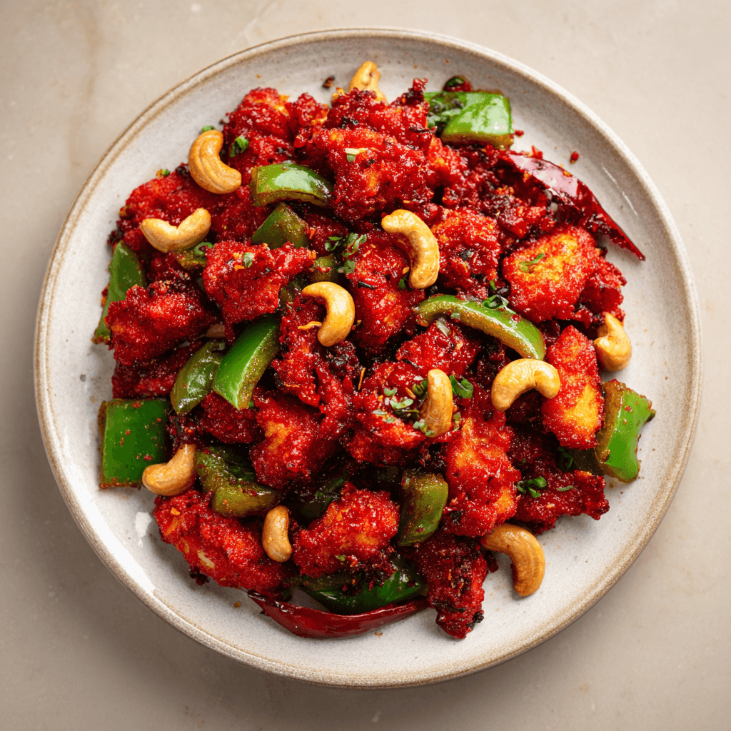 Dragon Chicken Recipe – Crispy, Spicy and Loaded with Flavor 2 Dragon chicken on a clean plate showing red sauce, peppers, and cashews.