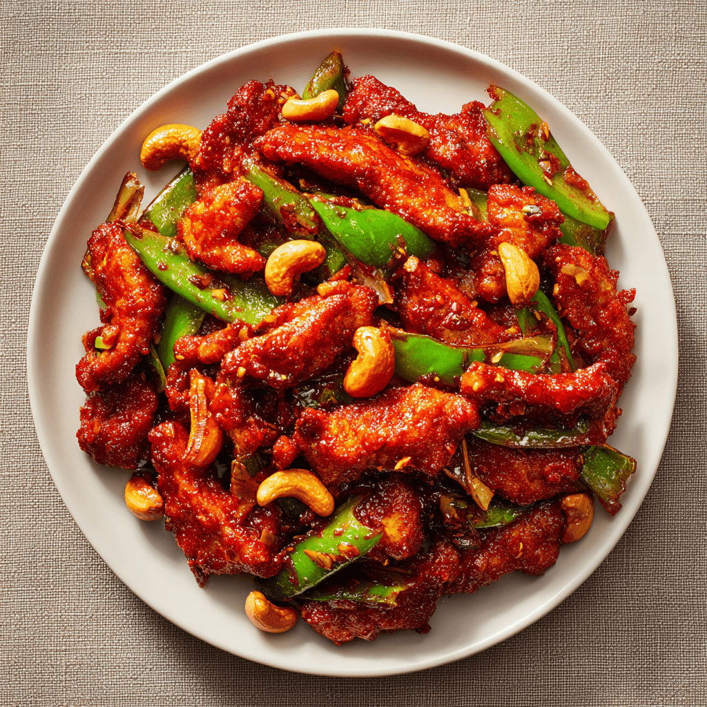 Dragon Chicken Recipe – Crispy, Spicy and Loaded with Flavor 3 Top-view dragon chicken with red sauce, peppers, and cashews.