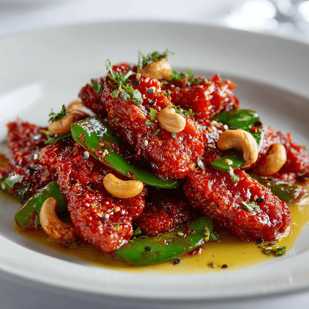 Dragon Chicken Recipe – Crispy, Spicy and Loaded with Flavor 1 Angled view of dragon chicken coated in red sauce with peppers and cashews.