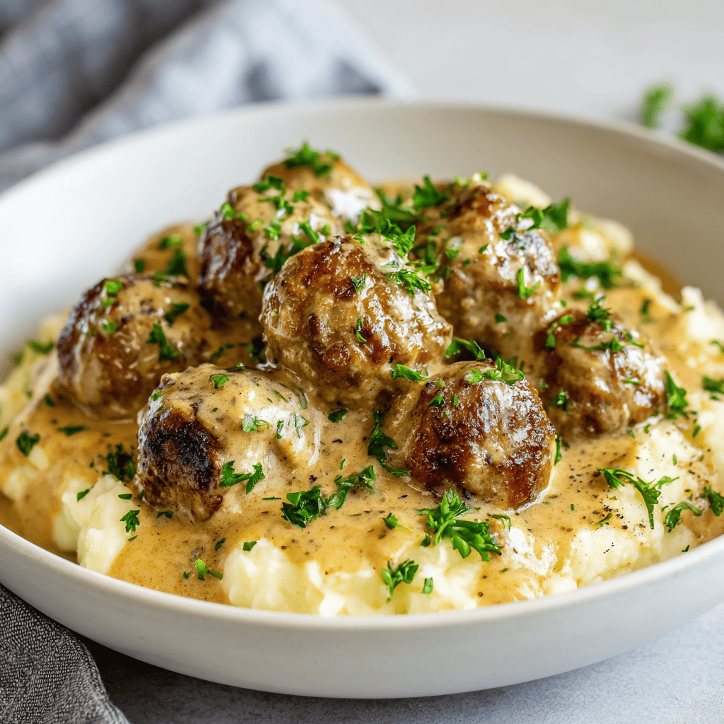 Swedish meatballs in creamy gravy served over mashed potatoes and topped with parsley.