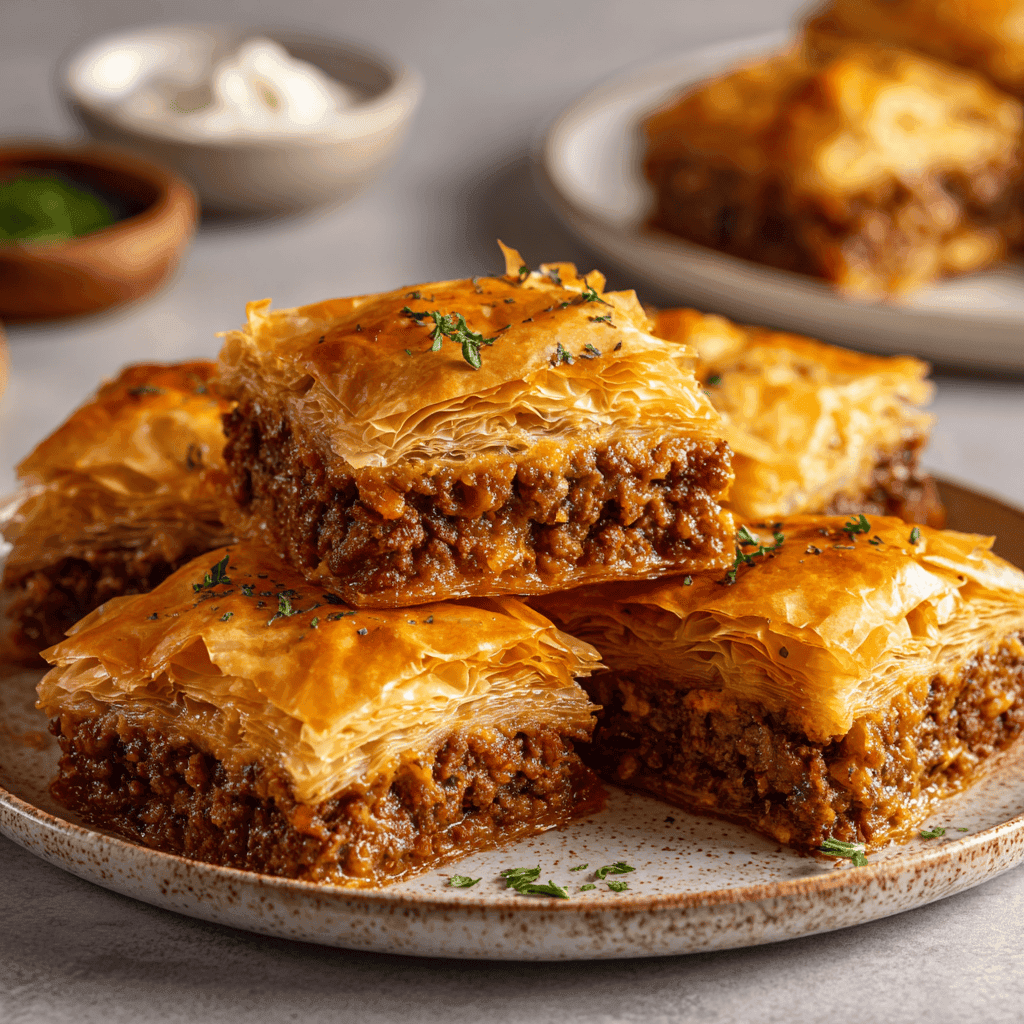 Best Egyptian Beef Goulash 4 golden egyptian beef goulash squares stacked on plate with crispy phyllo layers