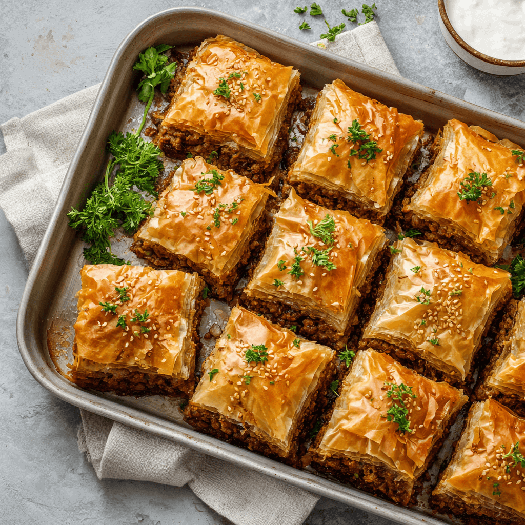 Best Egyptian Beef Goulash 2 egyptian beef goulash pieces in tray showing phyllo layers and beef filling