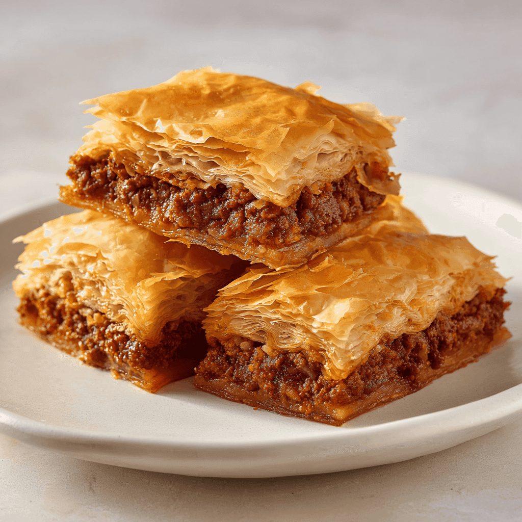 Best Egyptian Beef Goulash 1 angled view of egyptian beef goulash with flaky phyllo pastry and beef filling