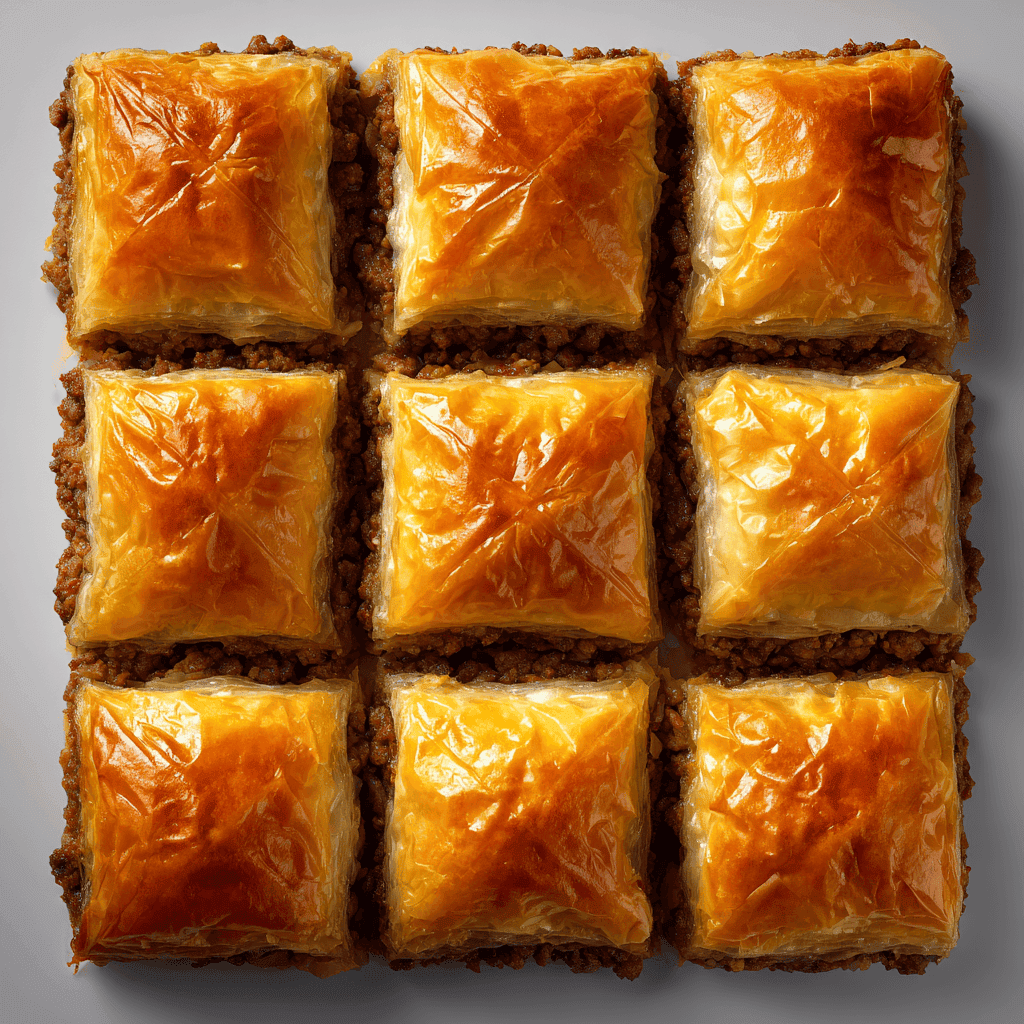Best Egyptian Beef Goulash 3 finished egyptian beef goulash squares with golden crispy phyllo top