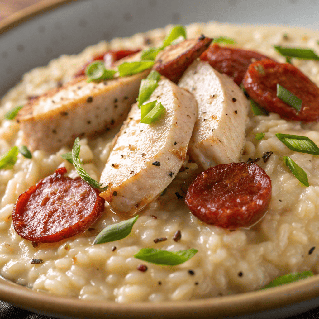 Macro close-up of Basque risotto showing creamy rice texture, chicken slices, chorizo fat, green peppers, and black pepper.