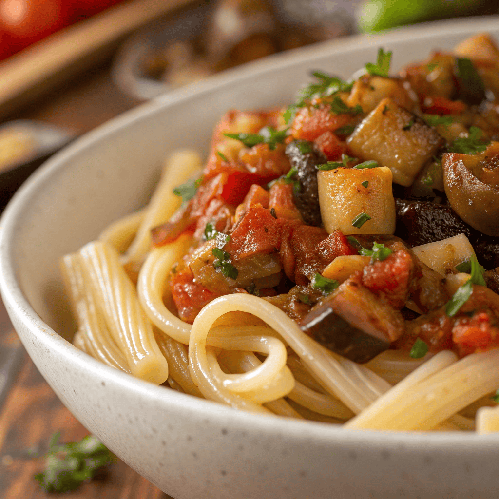 Macro close-up of eggplant caponata pasta showing rigatoni ridges, tomato sauce, diced eggplant, celery, and basil.