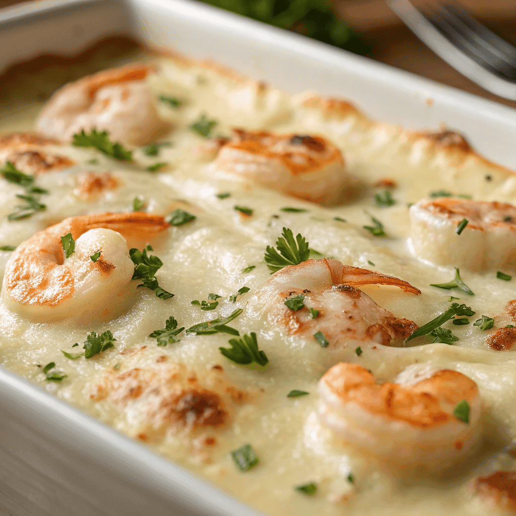Macro close-up of seafood lasagna showing creamy white sauce, melted cheese, browned spots, shrimp texture, and parsley.