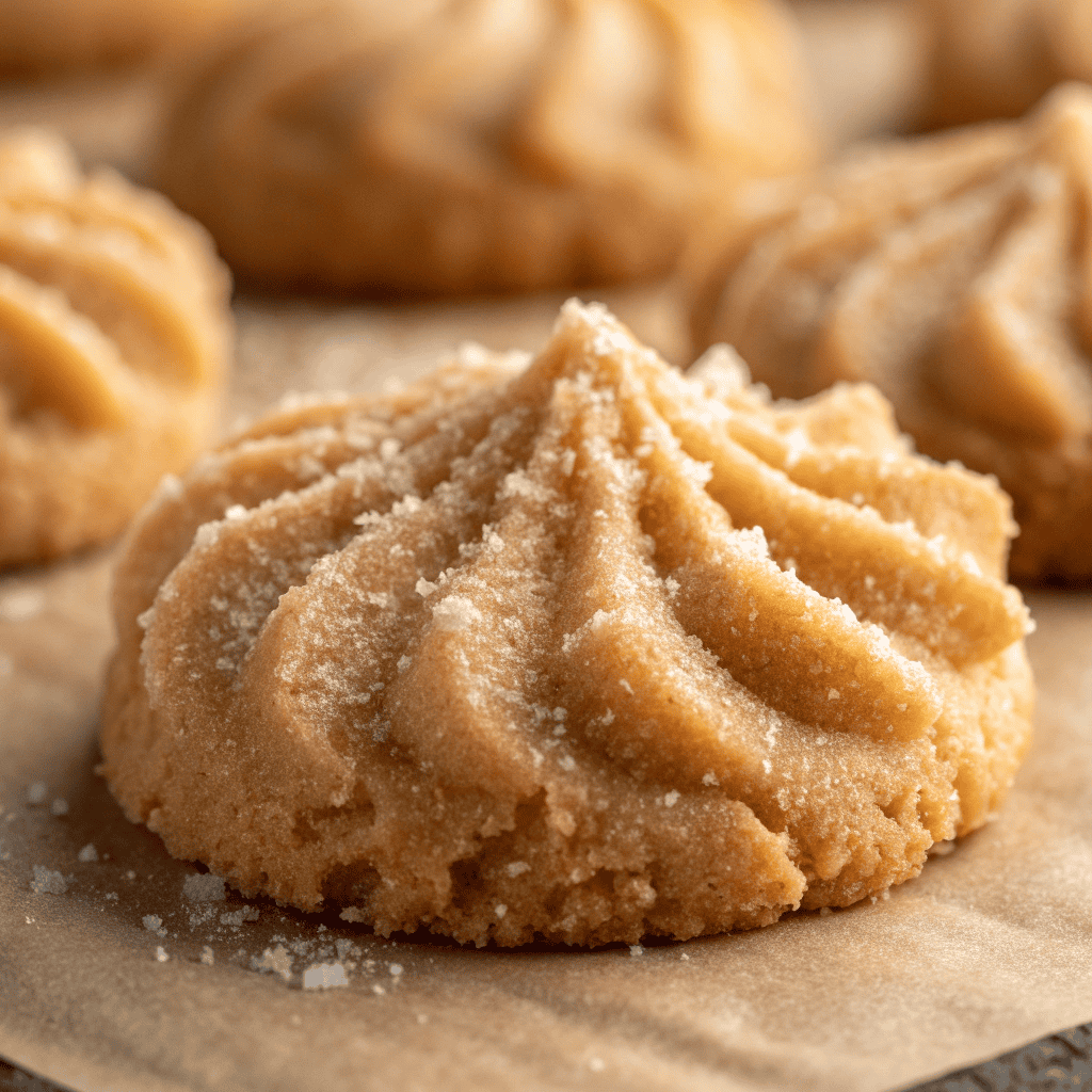 Macro close-up of a peanut butter spritz cookie showing sugar crystals, piped ridges, and crumbly texture.