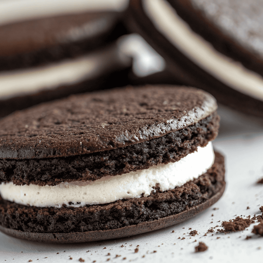 Macro close-up of a black cocoa sandwich cookie showing dark cocoa crumb texture and smooth white cream filling.