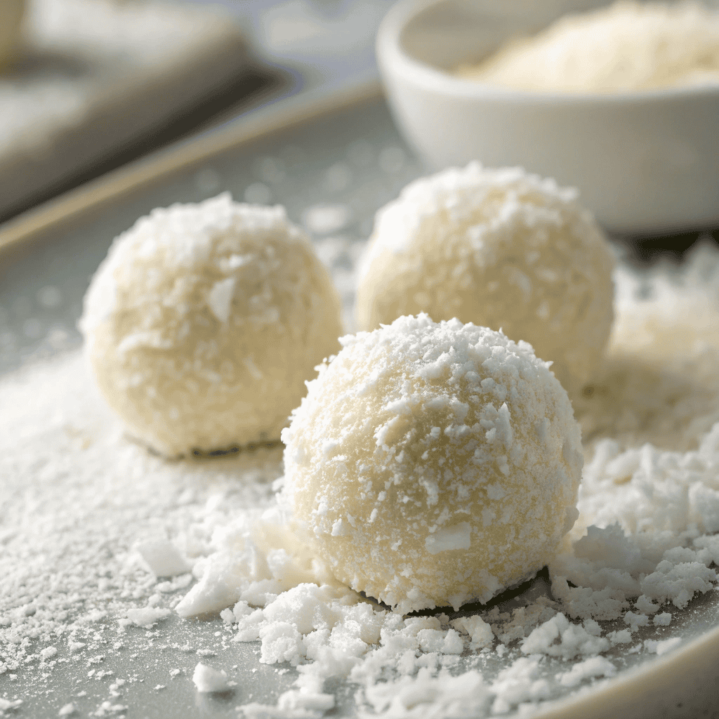 Sweetened Condensed Milk Snowballs Recipe 3 Macro close-up of sweetened condensed milk snowballs showing fine coconut flakes and soft texture.