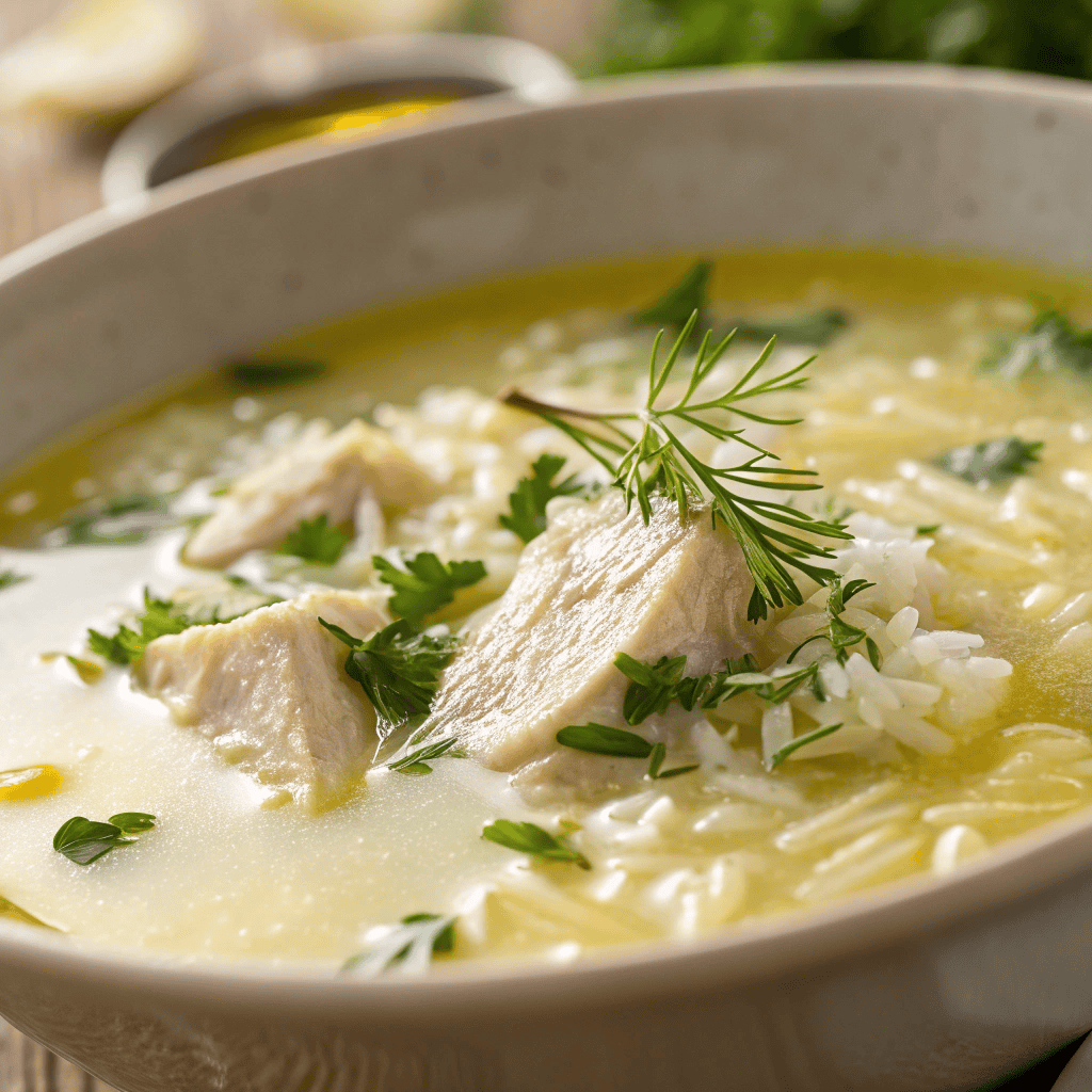 Macro close-up of avgolemono soup showing silky lemon broth, rice grains, chicken pieces, dill, and olive oil droplets.