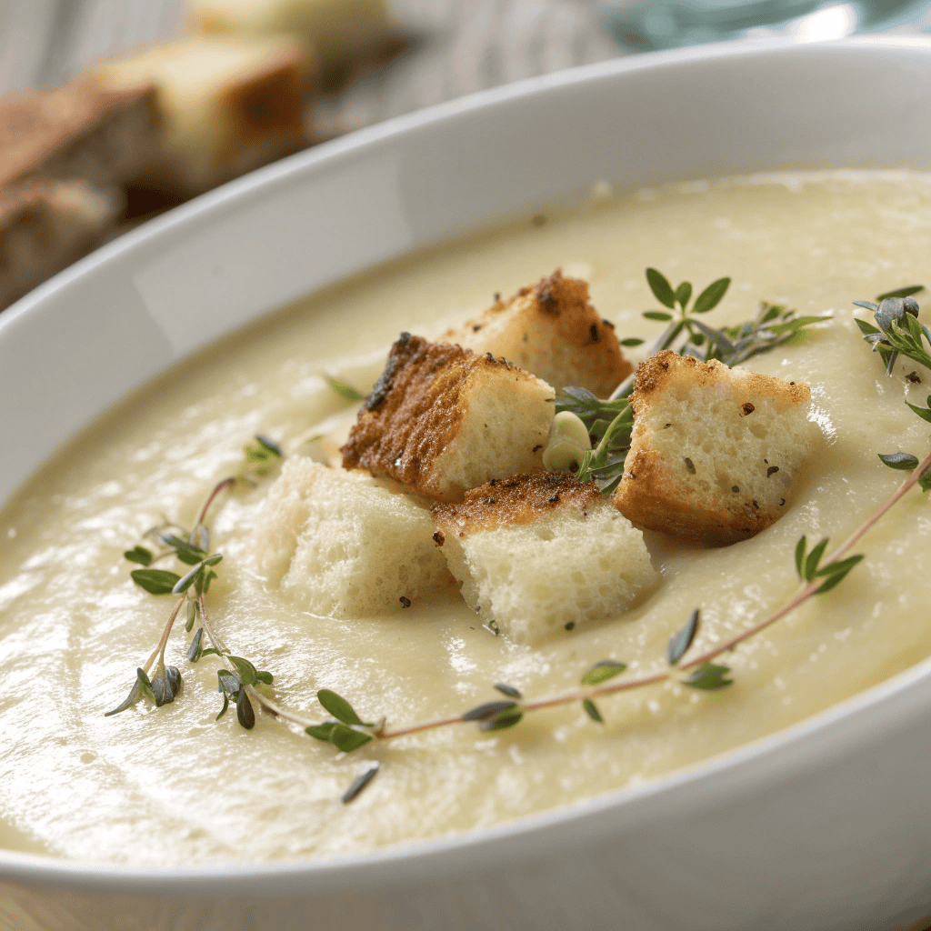 Macro close-up of parsnip and pear soup showing smooth creamy texture, crispy croutons, and thyme garnish.
