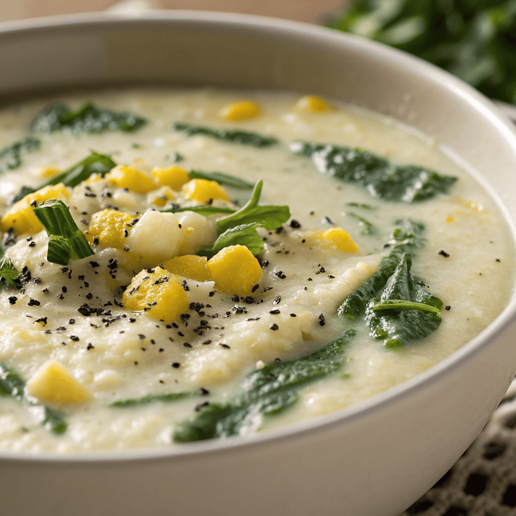 Irish Colcannon Soup : Creamy Potato and Cabbage Comfort Bowl 3 Macro close-up of Irish colcannon soup showing creamy potato texture, corn kernels, greens, butter, and pepper.