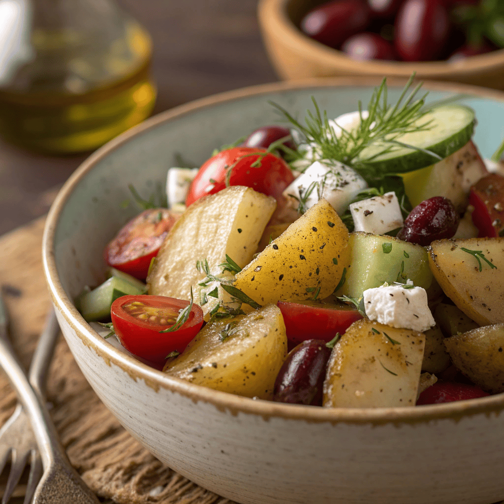 Macro close-up of Greek potato salad showing seasoned baby potatoes, feta crumble texture, cucumbers, tomatoes, olives, and dill.