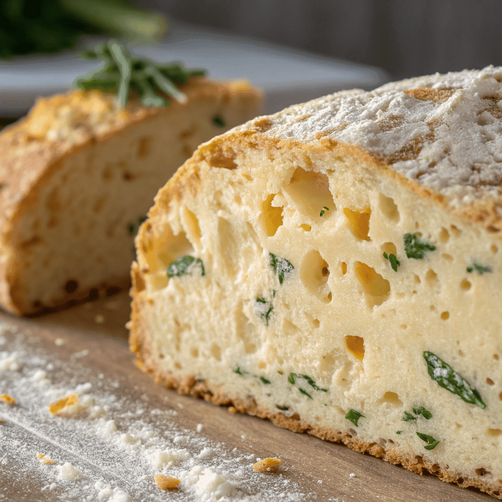 Close-up of cheddar and herb soda bread slice showing dense crumb, melted cheese, and herb flecks