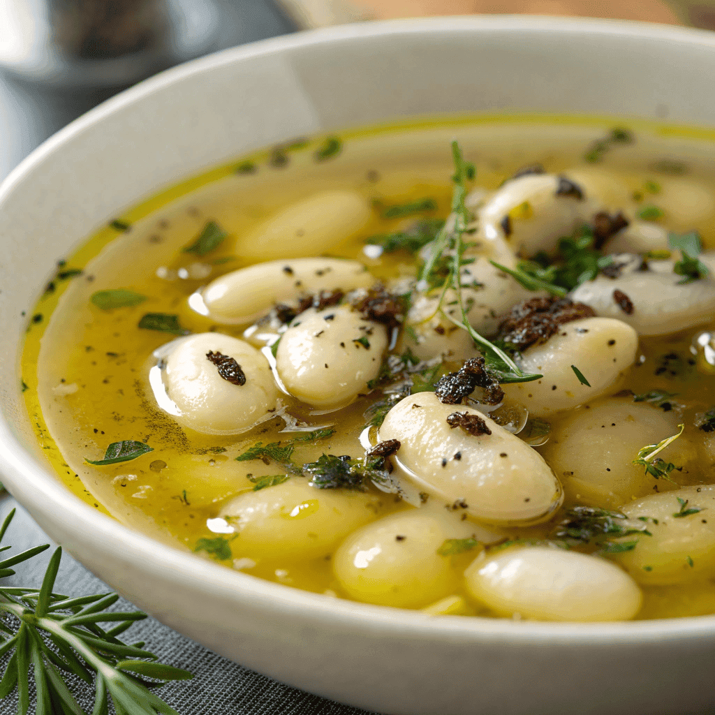 Macro close-up of Greek healing soup showing olive oil sheen, white beans, potatoes, herbs, and pepper in clear broth.