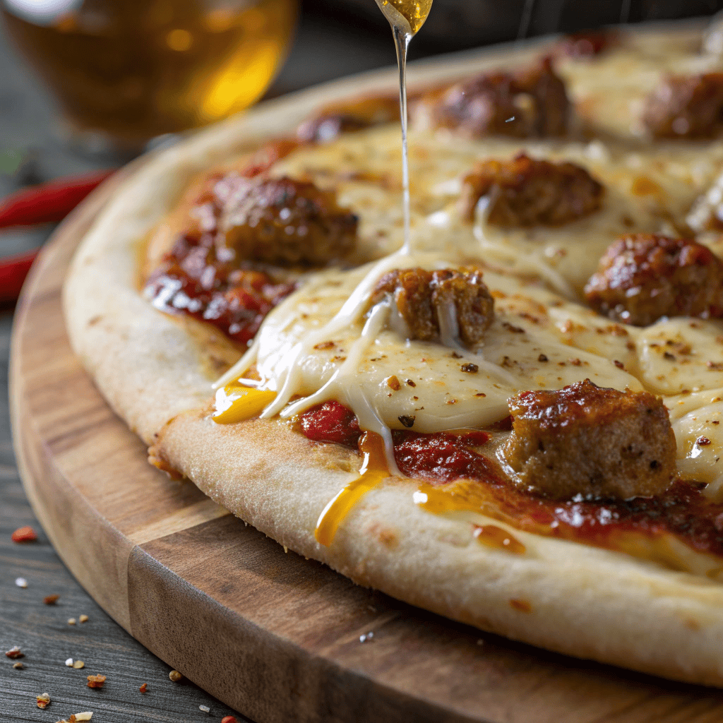 Macro close-up of sausage feta honey pizza showing melted cheese, caramelized sausage, crumbly feta, honey sheen, and chili flakes.
