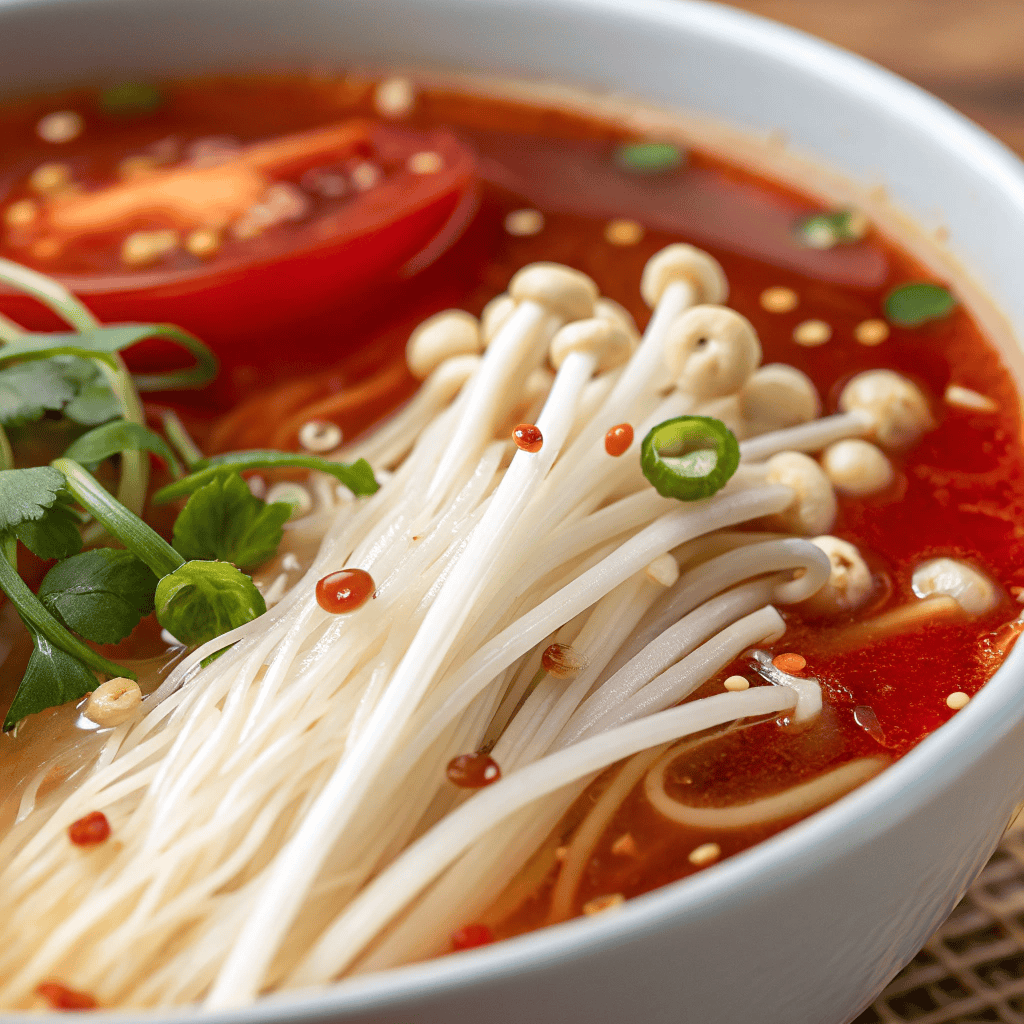 Macro close-up of enoki mushrooms in tomato soup showing glossy stems, chili oil droplets, and clear red broth.