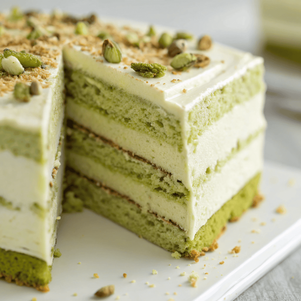 Close-up of pistachio mascarpone cake showing green sponge and creamy frosting layers.