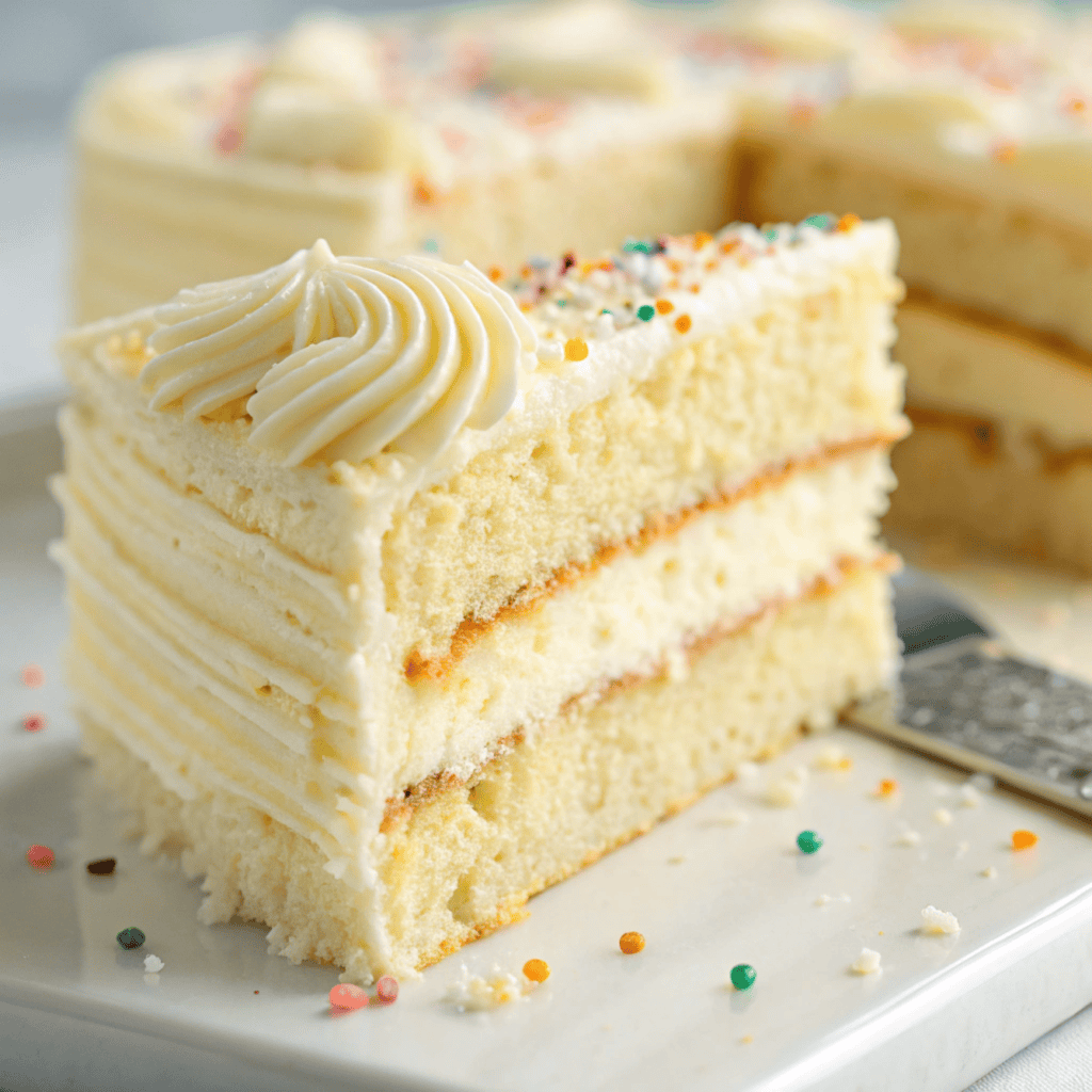 Close-up of French butter cake showing fine crumb and smooth vanilla frosting.