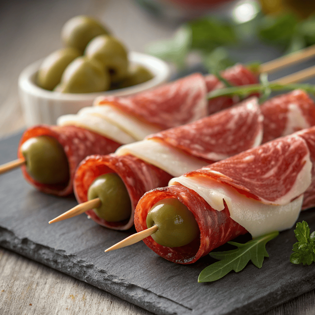 Macro close-up of folded prosciutto, salami, and pepperoni on antipasto skewers showing rich cured meat textures.