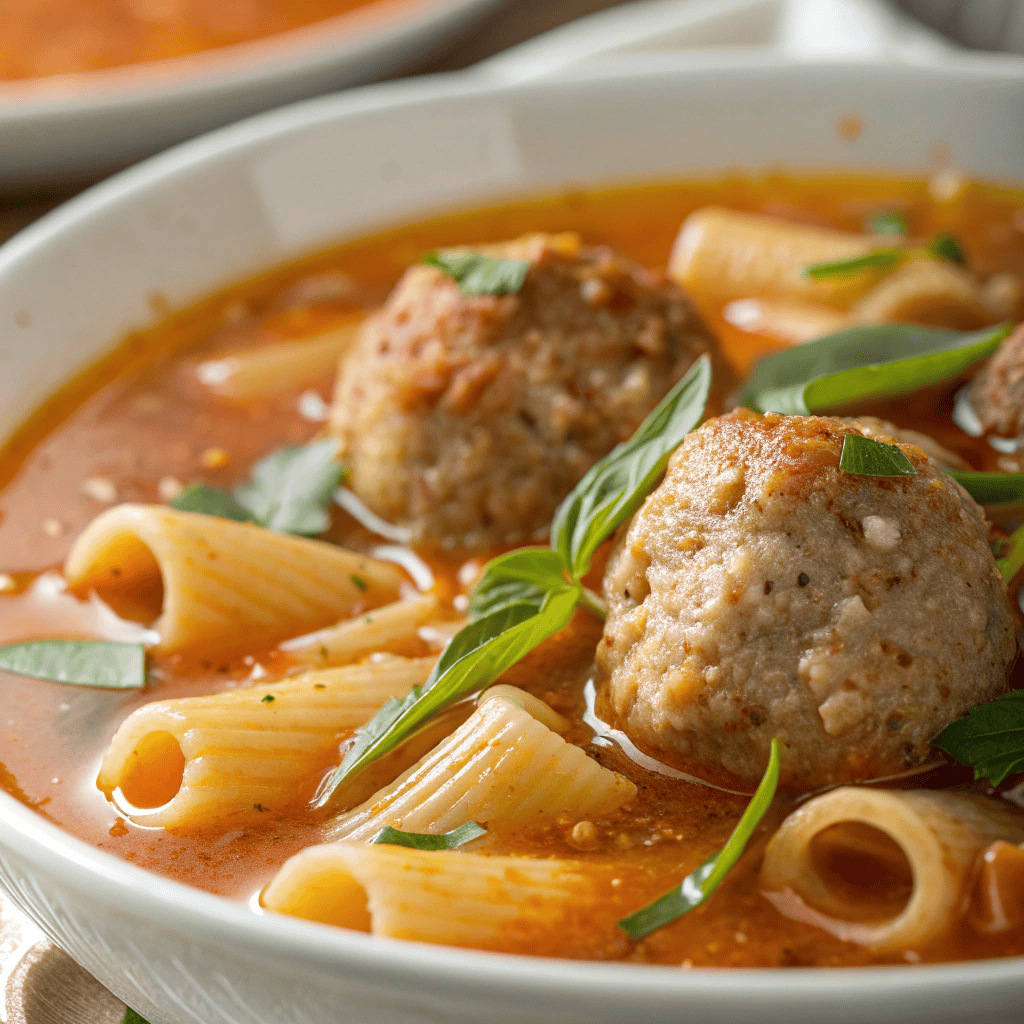 Macro close-up of Italian meatball soup showing meatball texture, pasta, greens, and rich orange broth.