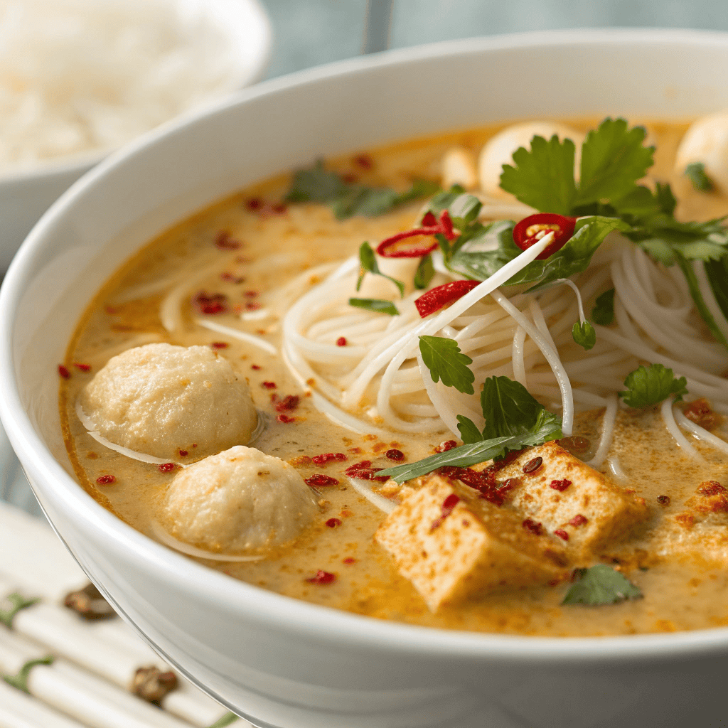 Macro close-up of laksa noodle soup showing creamy coconut broth, noodles, chili oil, tofu, and herbs.