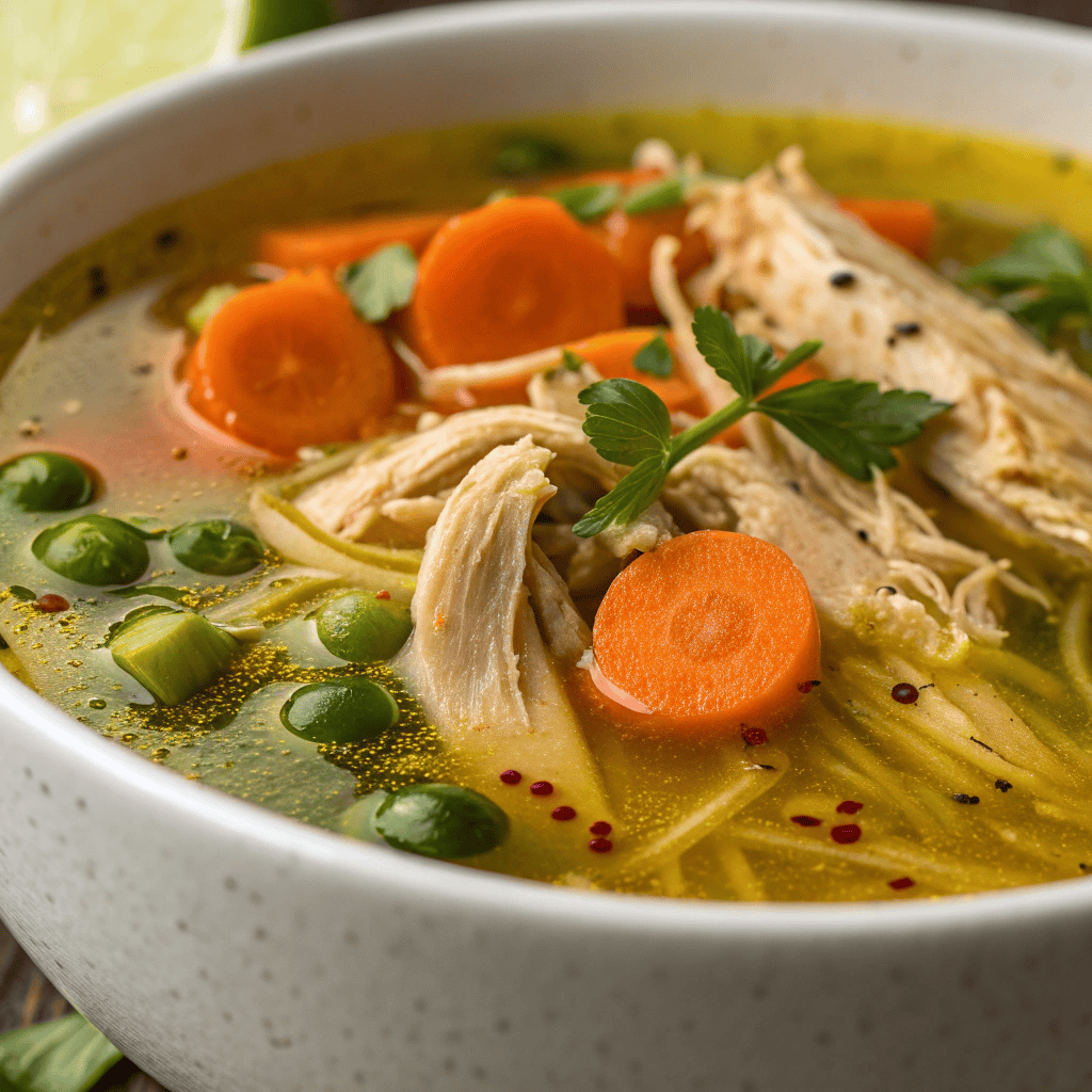 Easy Turmeric Chicken Soup – Healing Comfort in Every Bowl 3 Macro close-up of turmeric chicken soup showing shredded chicken, vegetables, herbs, and golden broth texture.