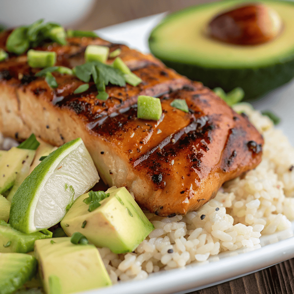 Macro close-up of honey lime glazed chicken with avocado and rice showing glossy sauce and juicy texture.